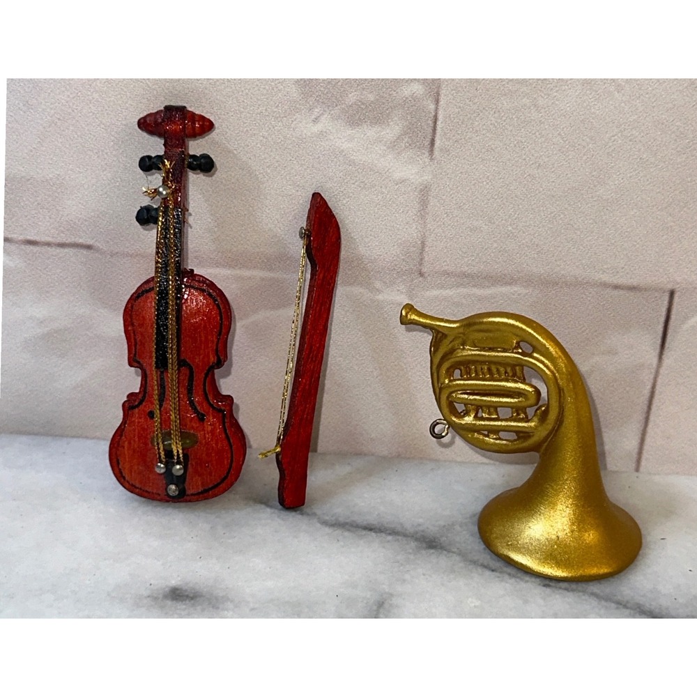 Miniature Musical Instruments Set Wooden Violin with Bow and Gold French Horn